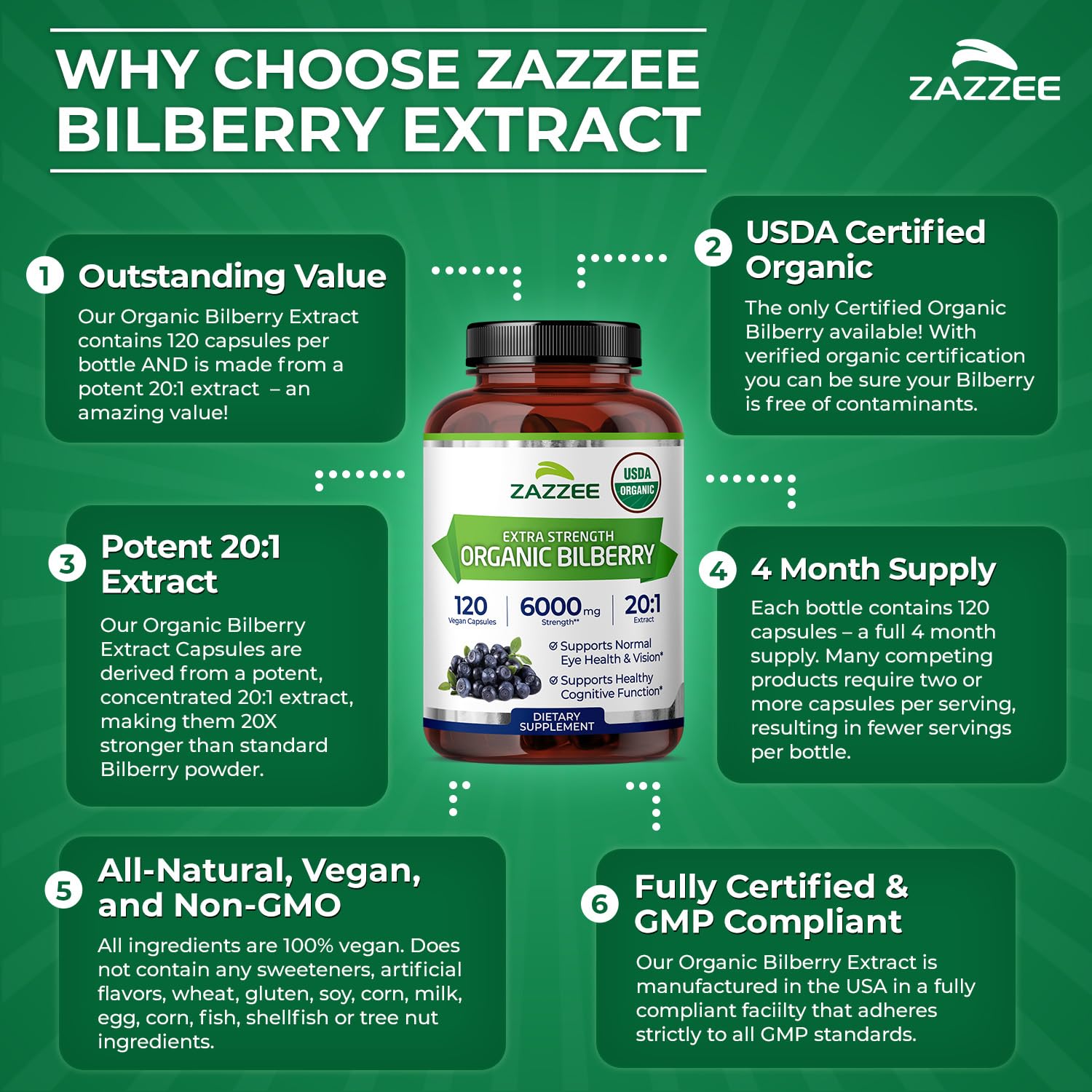 Zazzee USDA Organic Bilberry 20:1 Extract, 120 Vegan Capsules, 4 Month Supply, Vaccinium Myrtillus, Eye Health, Vision & Antioxidant Support, All-Natural, Non-GMO, Made in the USA - PrimeBioHealth - canada supplements
