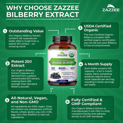 Zazzee USDA Organic Bilberry 20:1 Extract, 120 Vegan Capsules, 4 Month Supply, Vaccinium Myrtillus, Eye Health, Vision & Antioxidant Support, All-Natural, Non-GMO, Made in the USA - PrimeBioHealth - canada supplements