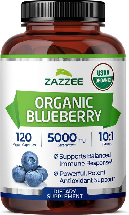 Zazzee USDA Organic Blueberry 10:1 Extract, 120 Vegan Capsules, 4 Month Supply, Whole Fruit, Vaccinium Angustifolium, Antioxidant & Cellular Health Support, Herbal Supplement, Non-GMO, Made in the USA - PrimeBioHealth - canada supplements