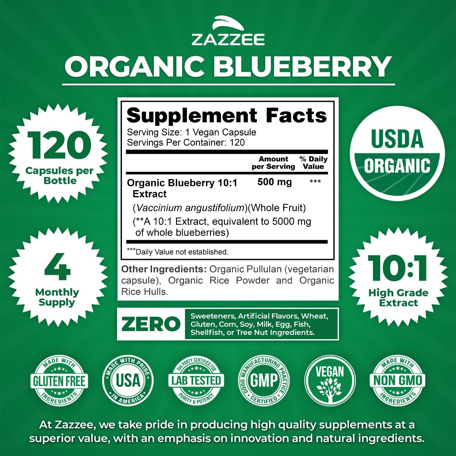 Zazzee USDA Organic Blueberry 10:1 Extract, 120 Vegan Capsules, 4 Month Supply, Whole Fruit, Vaccinium Angustifolium, Antioxidant & Cellular Health Support, Herbal Supplement, Non-GMO, Made in the USA - PrimeBioHealth - canada supplements