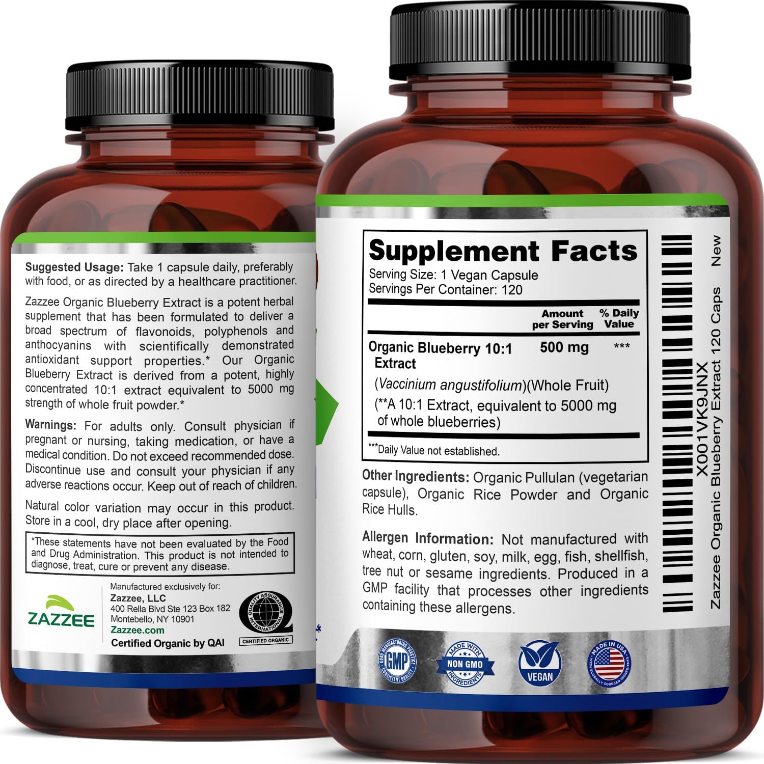 Zazzee USDA Organic Blueberry 10:1 Extract, 120 Vegan Capsules, 4 Month Supply, Whole Fruit, Vaccinium Angustifolium, Antioxidant & Cellular Health Support, Herbal Supplement, Non-GMO, Made in the USA - PrimeBioHealth - canada supplements