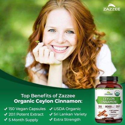 Zazzee USDA Organic Ceylon Cinnamon 20:1 Extract, 150 Vegan Capsules, 5 Month Supply, Sri Lankan Variety, Cinnamomum Verum, Antioxidant & Metabolic Support, All-Natural, Non-GMO, Made in the USA - PrimeBioHealth - canada supplements