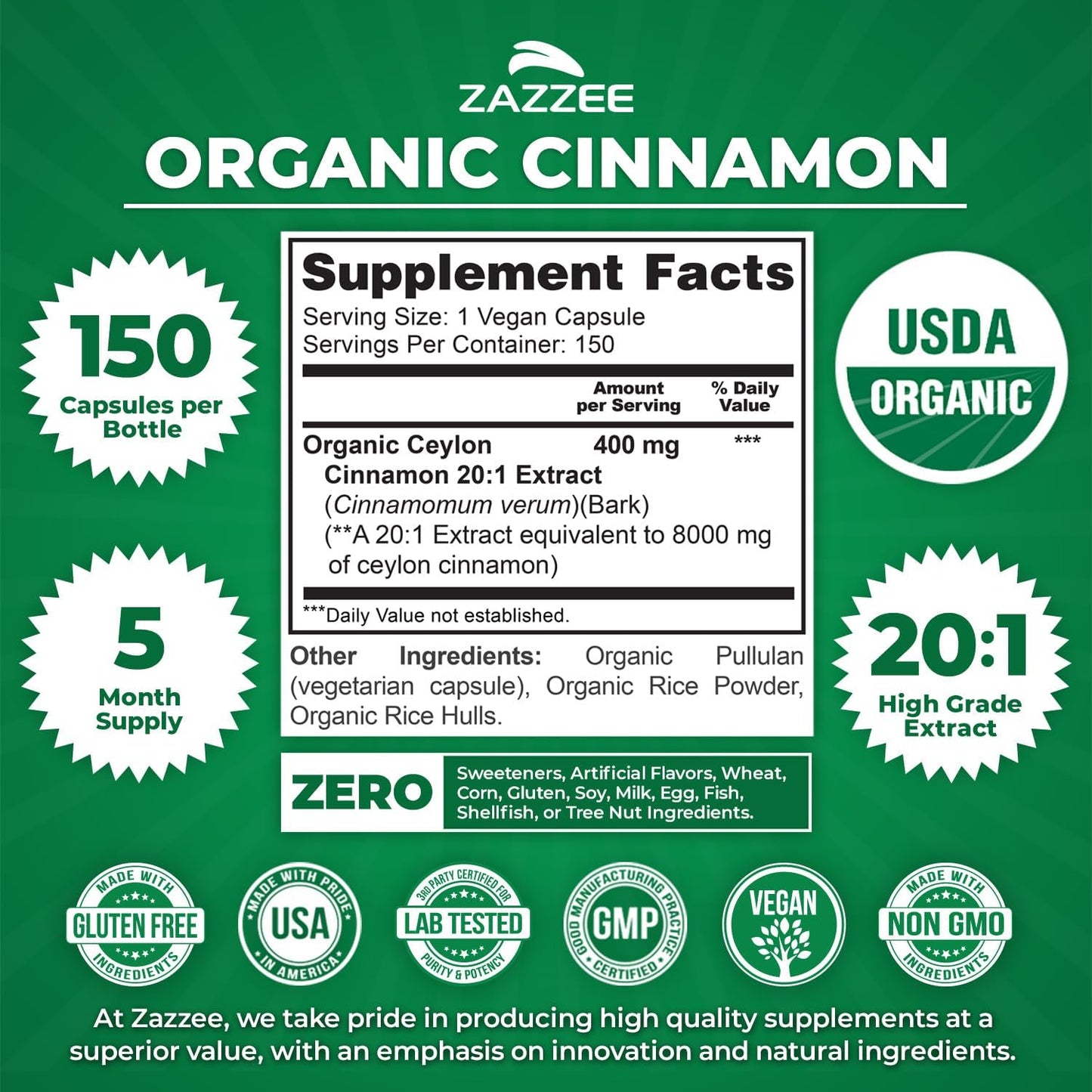 Zazzee USDA Organic Ceylon Cinnamon 20:1 Extract, 150 Vegan Capsules, 5 Month Supply, Sri Lankan Variety, Cinnamomum Verum, Antioxidant & Metabolic Support, All-Natural, Non-GMO, Made in the USA - PrimeBioHealth - canada supplements