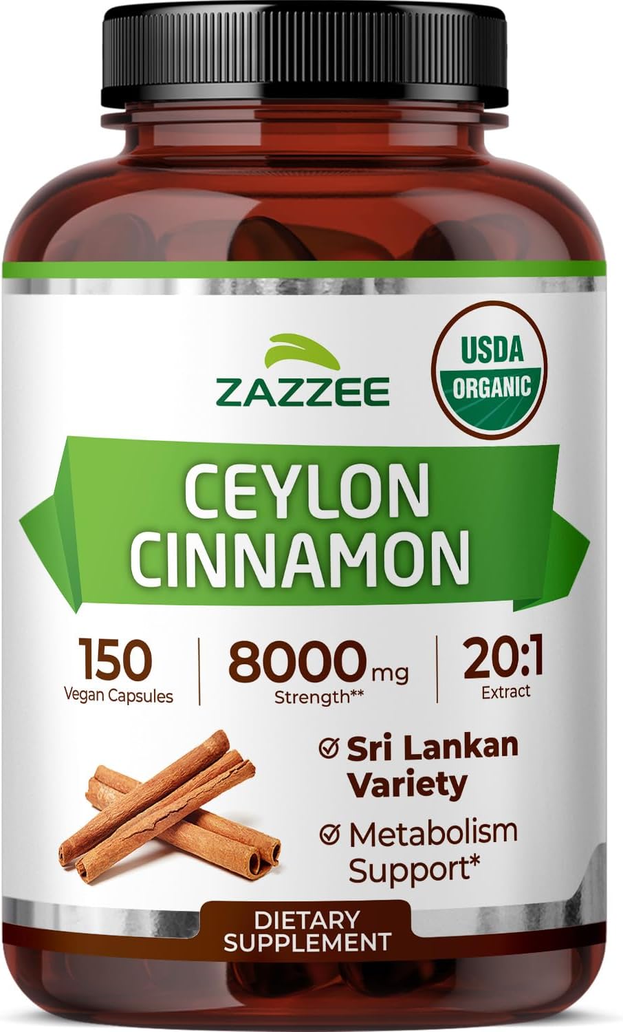 Zazzee USDA Organic Ceylon Cinnamon 20:1 Extract, 150 Vegan Capsules, 5 Month Supply, Sri Lankan Variety, Cinnamomum Verum, Antioxidant & Metabolic Support, All-Natural, Non-GMO, Made in the USA - PrimeBioHealth - canada supplements