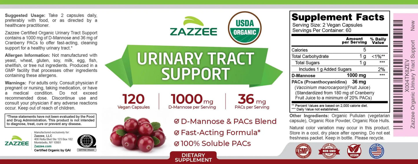 Zazzee USDA Organic Cranberry PACs and D-Mannose, 1000 mg D-Mannose, 36 mg Cranberry PACs, 120 Vegan Capsules, 2 Month Supply, Potent & Fast-Acting, All-Natural Urinary Tract Health Support, Non-GMO - PrimeBioHealth - canada supplements