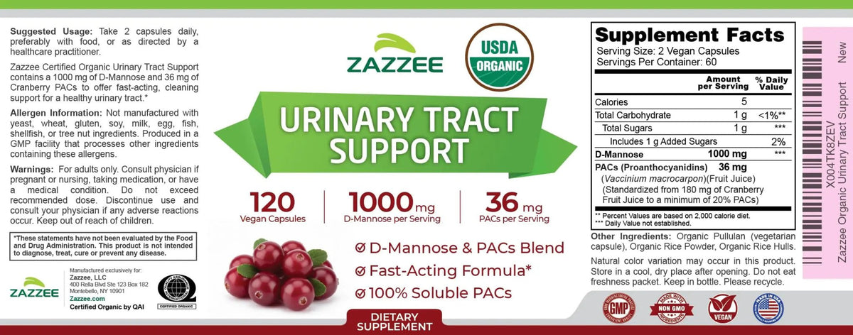 Zazzee USDA Organic Cranberry PACs and D-Mannose, 1000 mg D-Mannose, 36 mg Cranberry PACs, 120 Vegan Capsules, 2 Month Supply, Potent & Fast-Acting, All-Natural Urinary Tract Health Support, Non-GMO - PrimeBioHealth - canada supplements