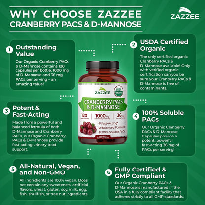 Zazzee USDA Organic Cranberry PACs & D-Mannose, 36 mg PACs per Serving, 1000 mg D-Mannose per Serving, 120 Vegan Capsules, 2 Month Supply, Urinary Tract & Bladder Support, Non-GMO, Made in the USA - PrimeBioHealth - canada supplements