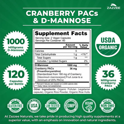Zazzee USDA Organic Cranberry PACs & D-Mannose, 36 mg PACs per Serving, 1000 mg D-Mannose per Serving, 120 Vegan Capsules, 2 Month Supply, Urinary Tract & Bladder Support, Non-GMO, Made in the USA - PrimeBioHealth - canada supplements