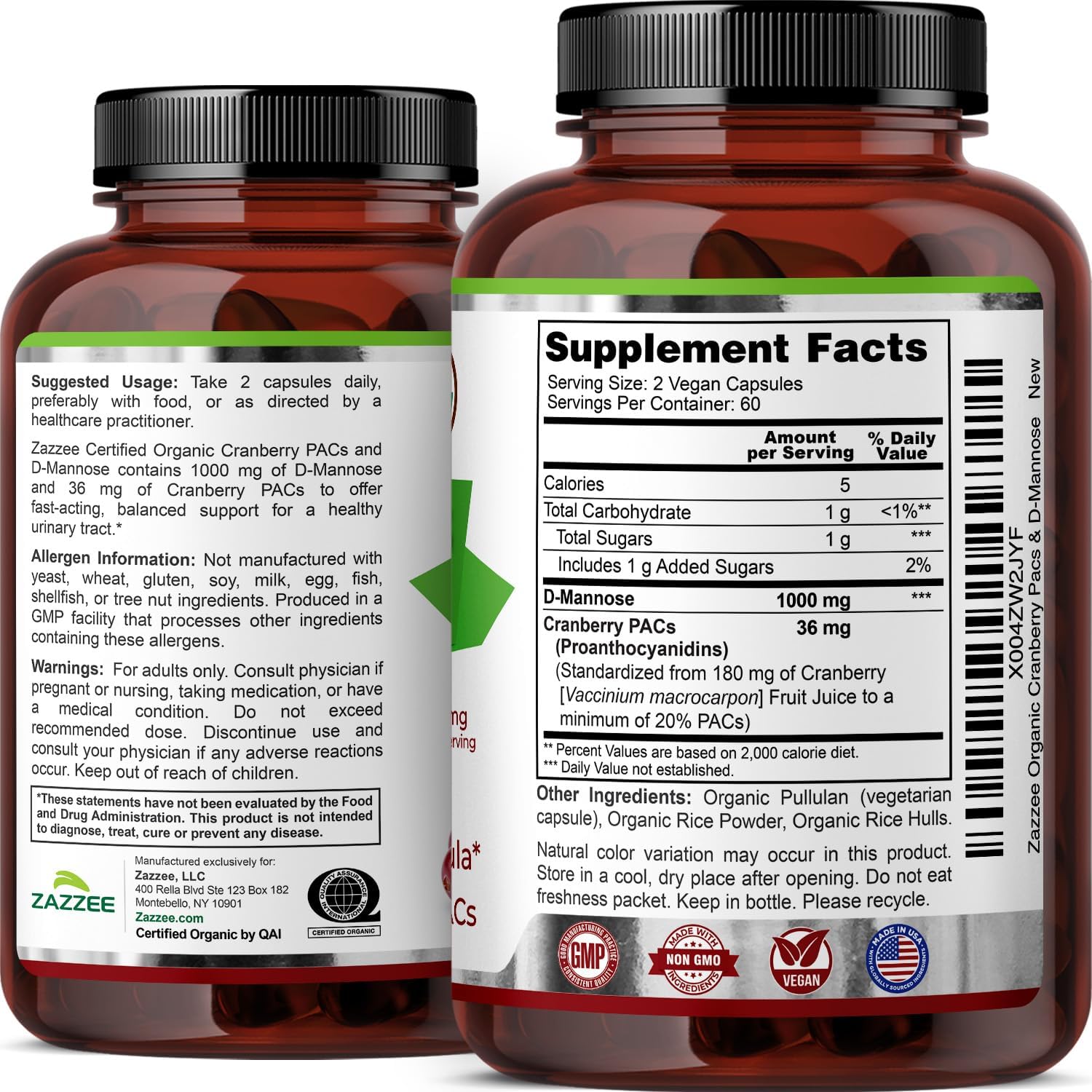 Zazzee USDA Organic Cranberry PACs & D-Mannose, 36 mg PACs per Serving, 1000 mg D-Mannose per Serving, 120 Vegan Capsules, 2 Month Supply, Urinary Tract & Bladder Support, Non-GMO, Made in the USA - PrimeBioHealth - canada supplements