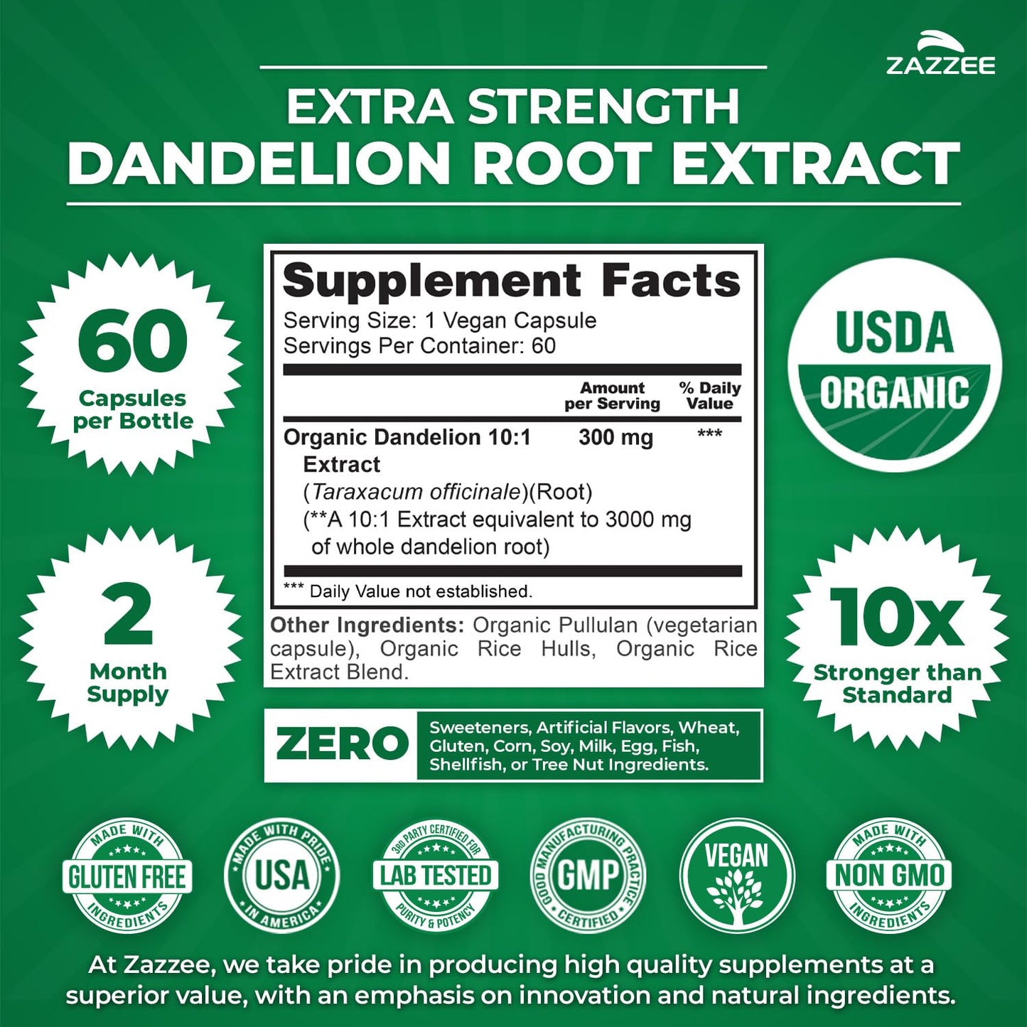 Zazzee USDA Organic Dandelion Root 10:1 Extract, 120 Capsules, 4 Month Supply, Liver & Detox Support, Taraxacum Officinale, Organic Herbal Supplement, All-Natural, Non-GMO, Made in the USA - PrimeBioHealth - canada supplements