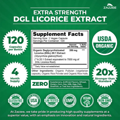 Zazzee USDA Organic DGL Licorice 20:1 Extract, 120 Vegan Capsules, 4 Month Supply, Deglycyrrhizinated Licorice Root, Glycyrrhiza Glabra, Digestive & Stomach Support, All-Natural, Non-GMO, Made in USA - PrimeBioHealth - canada supplements