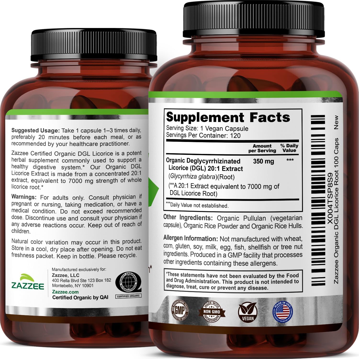Zazzee USDA Organic DGL Licorice 20:1 Extract, 120 Vegan Capsules, 4 Month Supply, Deglycyrrhizinated Licorice Root, Glycyrrhiza Glabra, Digestive & Stomach Support, All-Natural, Non-GMO, Made in USA - PrimeBioHealth - canada supplements