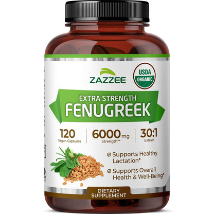 Zazzee USDA Organic Fenugreek 30:1 Extract, 120 Vegan Capsules, 4 Month Supply, Breastfeeding & Lactation Support for Nursing Mothers, Organic Herbal Supplement, All-Natural, Non-GMO, Made in the USA - PrimeBioHealth - canada supplements