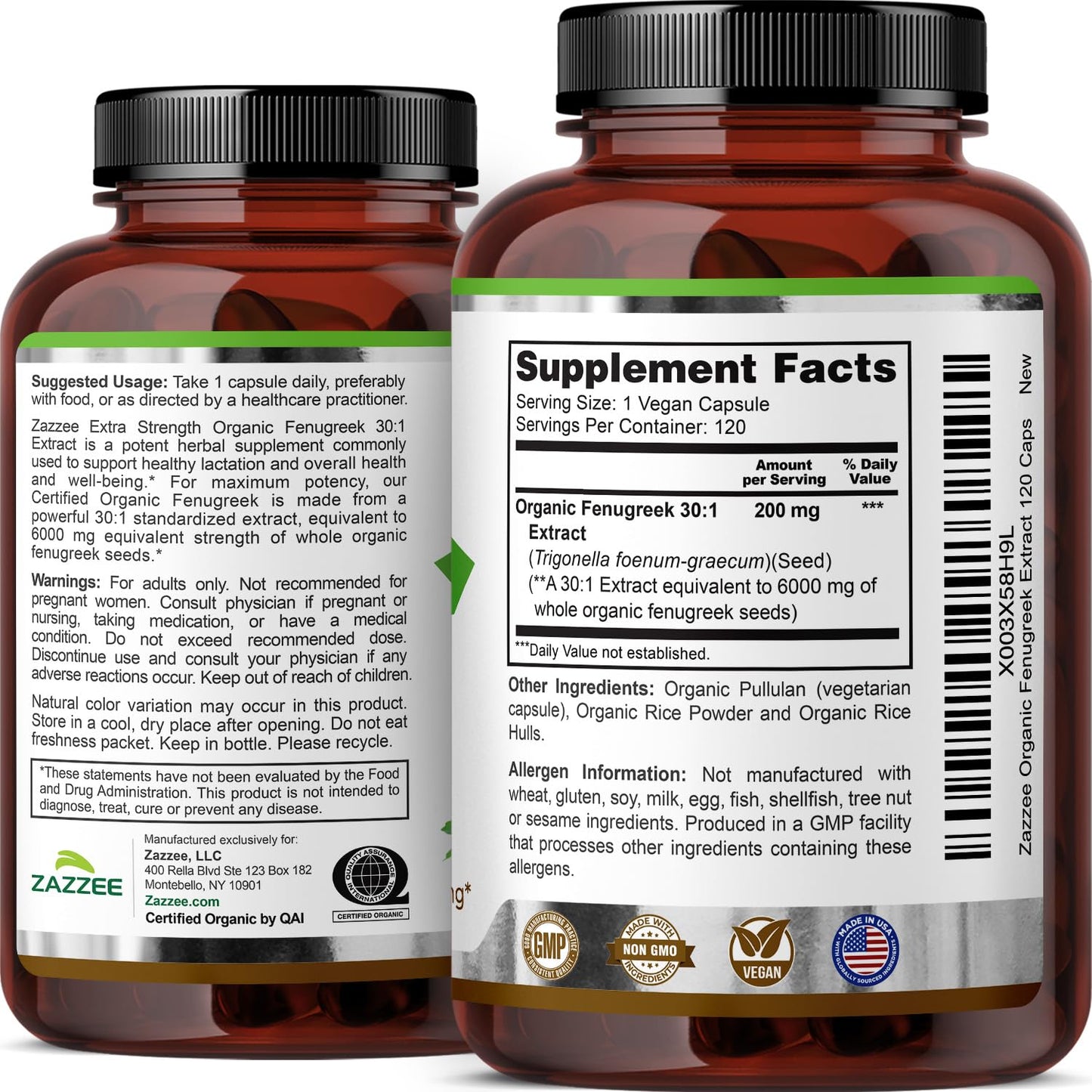 Zazzee USDA Organic Fenugreek 30:1 Extract, 120 Vegan Capsules, 4 Month Supply, Breastfeeding & Lactation Support for Nursing Mothers, Organic Herbal Supplement, All-Natural, Non-GMO, Made in the USA - PrimeBioHealth - canada supplements