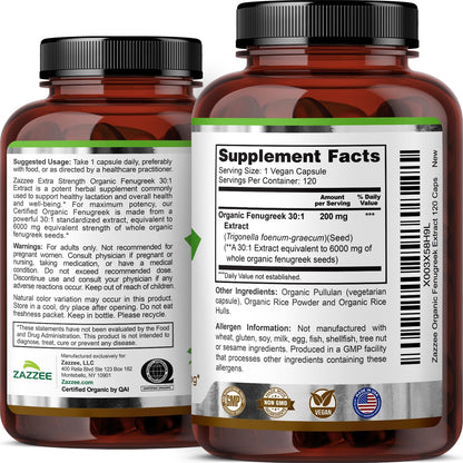 Zazzee USDA Organic Fenugreek 30:1 Extract, 120 Vegan Capsules, 4 Month Supply, Breastfeeding & Lactation Support for Nursing Mothers, Organic Herbal Supplement, All-Natural, Non-GMO, Made in the USA - PrimeBioHealth - canada supplements