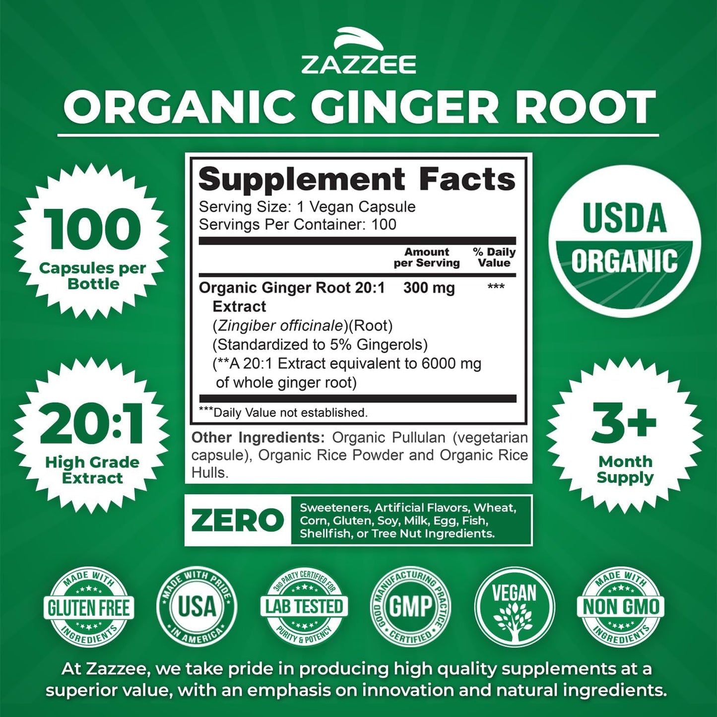Zazzee USDA Organic Ginger Root 20:1 Extract, 5% Gingerols, 100 Vegan Capsules, 3+ Month Supply, Zingiber Officinale, Digestive & Stomach Support, All-Natural, Non-GMO, Made in the USA - PrimeBioHealth - canada supplements