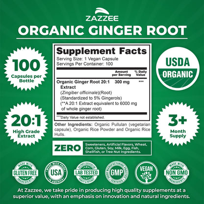 Zazzee USDA Organic Ginger Root 20:1 Extract, 5% Gingerols, 100 Vegan Capsules, 3+ Month Supply, Zingiber Officinale, Digestive & Stomach Support, All-Natural, Non-GMO, Made in the USA - PrimeBioHealth - canada supplements
