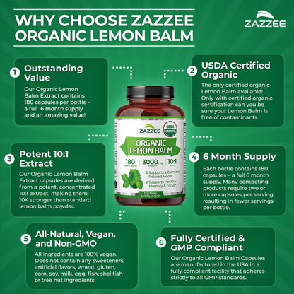 Zazzee USDA Organic Lemon Balm 10:1 Extract, 180 Capsules, 6 Month Supply | Vegan, All-Natural, Non-GMO, Melissa Officinalis, Calm, Mood, Stress & Relaxation Support, Herbal Supplement, Made in the USA - PrimeBioHealth - canada supplements