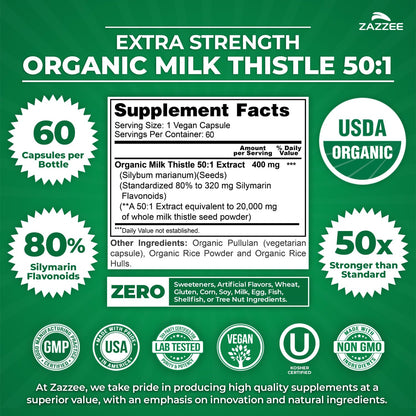 Zazzee USDA Organic Milk Thistle 50:1 Extract, 80% Silymarin Flavonoids, 200 Vegan Capsules, 6+ Month Supply, Silybum Marianum, Liver Support & Detox Support, Organic All-Natural, Non-GMO, Made in USA - PrimeBioHealth - canada supplements