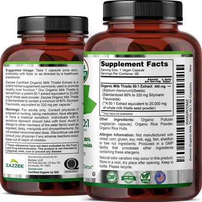 Zazzee USDA Organic Milk Thistle 50:1 Extract, 80% Silymarin Flavonoids, 200 Vegan Capsules, 6+ Month Supply, Silybum Marianum, Liver Support & Detox Support, Organic All-Natural, Non-GMO, Made in USA - PrimeBioHealth - canada supplements