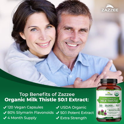 Zazzee USDA Organic Milk Thistle 50:1 Extract, 80% Silymarin Flavonoids, 200 Vegan Capsules, 6+ Month Supply, Silybum Marianum, Liver Support & Detox Support, Organic All-Natural, Non-GMO, Made in USA - PrimeBioHealth - canada supplements