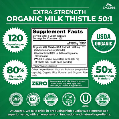 Zazzee USDA Organic Milk Thistle 50:1 Extract, 80% Silymarin Flavonoids, 200 Vegan Capsules, 6+ Month Supply, Silybum Marianum, Liver Support & Detox Support, Organic All-Natural, Non-GMO, Made in USA - PrimeBioHealth - canada supplements