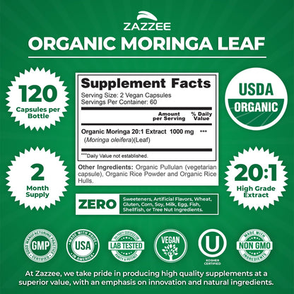 Zazzee USDA Organic Moringa Leaf 20:1 Extract, 180 Vegan Capsules, 3 Month Supply, Certified Kosher, Moringa Oleifera, Antioxidant, Immune & Cellular Support, Superfood Supplement, Made in the USA - PrimeBioHealth - canada supplements