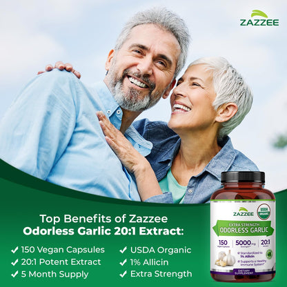 Zazzee USDA Organic Odorless Garlic 20:1 Extract, 1% Allicin, 100 Vegan Capsules, 3+ Month Supply, Allium Sativum, Immune, Circulation & Heart Health Support, All-Natural, Non-GMO, Made in the USA - PrimeBioHealth - canada supplements