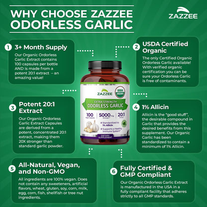 Zazzee USDA Organic Odorless Garlic 20:1 Extract, 1% Allicin, 100 Vegan Capsules, 3+ Month Supply, Allium Sativum, Immune, Circulation & Heart Health Support, All-Natural, Non-GMO, Made in the USA - PrimeBioHealth - canada supplements