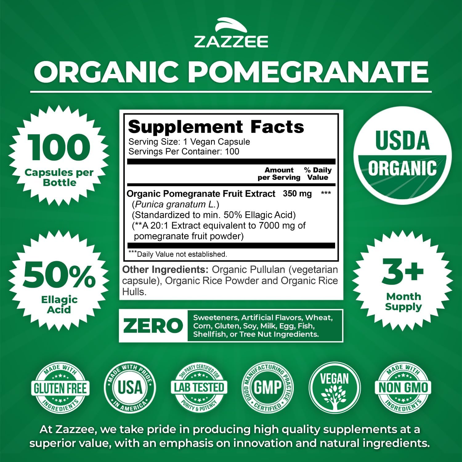 Zazzee USDA Organic Pomegranate 20:1 Extract, 50% Ellagic Acid 100 Capsules | Vegan, 3+ Month Supply, Punica Granatum, Antioxidant, Immune & Polyphenol Support, All-Natural, Non-GMO, Made in the USA - PrimeBioHealth - canada supplements
