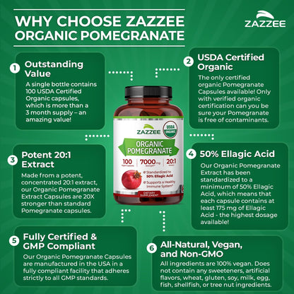 Zazzee USDA Organic Pomegranate 20:1 Extract, 50% Ellagic Acid 100 Capsules | Vegan, 3+ Month Supply, Punica Granatum, Antioxidant, Immune & Polyphenol Support, All-Natural, Non-GMO, Made in the USA - PrimeBioHealth - canada supplements