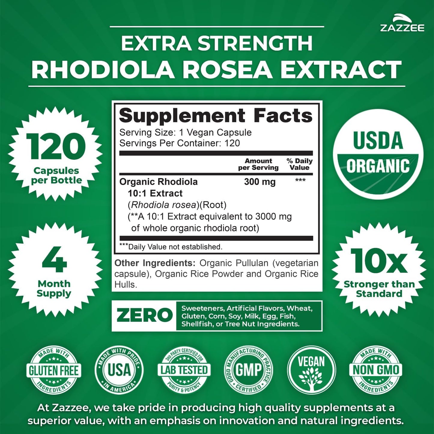 Zazzee USDA Organic Rhodiola 10:1 Extract, 120 Capsules, 4 Month Supply, Rhodiola Rosea, Energy, Stress & Mental Focus Support, Concentrated 10X Extract, All-Natural, Non-GMO, Made in the USA - PrimeBioHealth - canada supplements