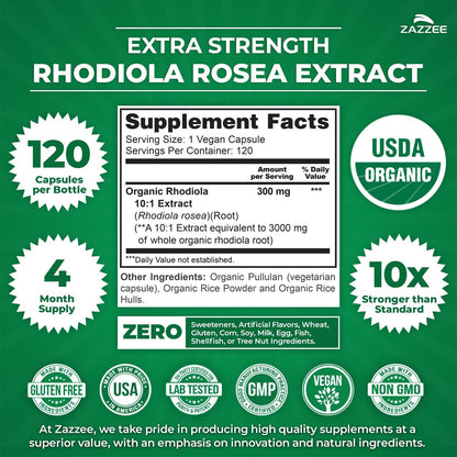 Zazzee USDA Organic Rhodiola 10:1 Extract, 120 Capsules, 4 Month Supply, Rhodiola Rosea, Energy, Stress & Mental Focus Support, Concentrated 10X Extract, All-Natural, Non-GMO, Made in the USA - PrimeBioHealth - canada supplements