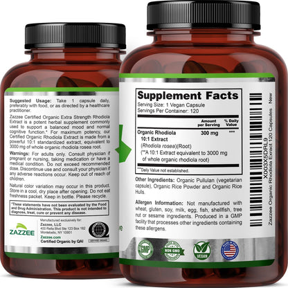Zazzee USDA Organic Rhodiola 10:1 Extract, 120 Capsules, 4 Month Supply, Rhodiola Rosea, Energy, Stress & Mental Focus Support, Concentrated 10X Extract, All-Natural, Non-GMO, Made in the USA - PrimeBioHealth - canada supplements