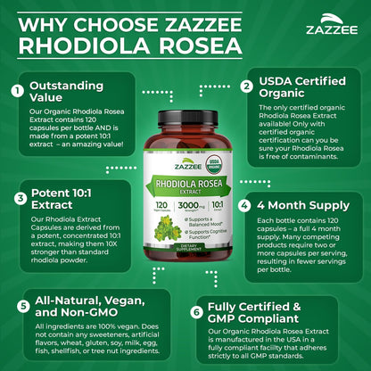 Zazzee USDA Organic Rhodiola 10:1 Extract, 120 Capsules, 4 Month Supply, Rhodiola Rosea, Energy, Stress & Mental Focus Support, Concentrated 10X Extract, All-Natural, Non-GMO, Made in the USA - PrimeBioHealth - canada supplements