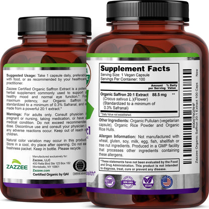 Zazzee USDA Organic Saffron 20:1 Extract, 88.5 mg, 0.3% Safranal, 100 Vegan Capsules, 3+ Month Supply, Concentrated and Standardized 20X Extract, Non-GMO, All-Natural, Made in the USA - PrimeBioHealth - canada supplements