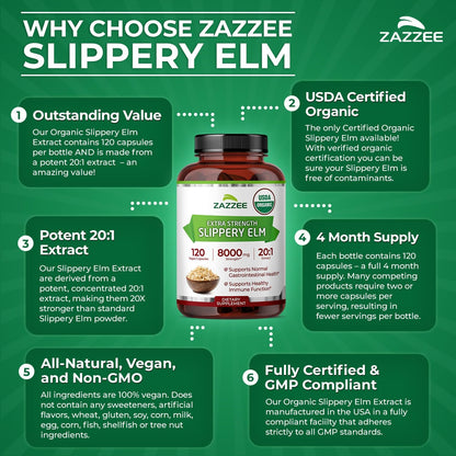 Zazzee USDA Organic Slippery Elm Bark 20:1 Extract, 120 Vegan Capsules, 4 Month Supply, Ulmus Rubra, Digestive, Throat & Mucosal Support, Herbal Supplement, All-Natural, Non-GMO, Made in the USA - PrimeBioHealth - canada supplements