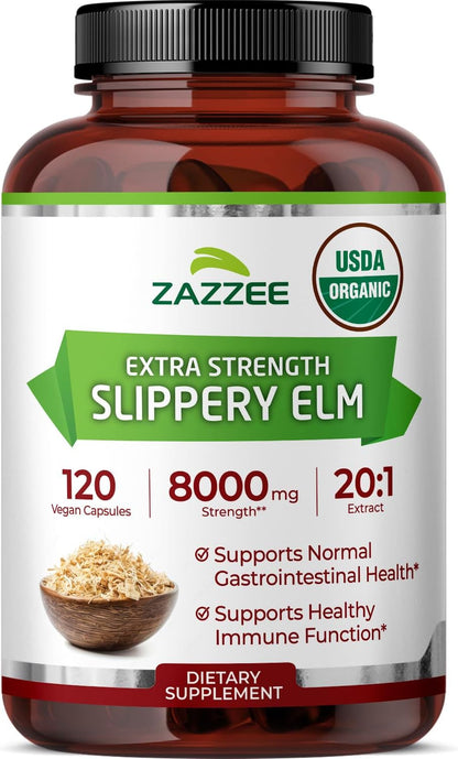 Zazzee USDA Organic Slippery Elm Bark 20:1 Extract, 120 Vegan Capsules, 4 Month Supply, Ulmus Rubra, Digestive, Throat & Mucosal Support, Herbal Supplement, All-Natural, Non-GMO, Made in the USA - PrimeBioHealth - canada supplements