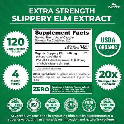 Zazzee USDA Organic Slippery Elm Bark 20:1 Extract, 120 Vegan Capsules, 4 Month Supply, Ulmus Rubra, Digestive, Throat & Mucosal Support, Herbal Supplement, All-Natural, Non-GMO, Made in the USA - PrimeBioHealth - canada supplements
