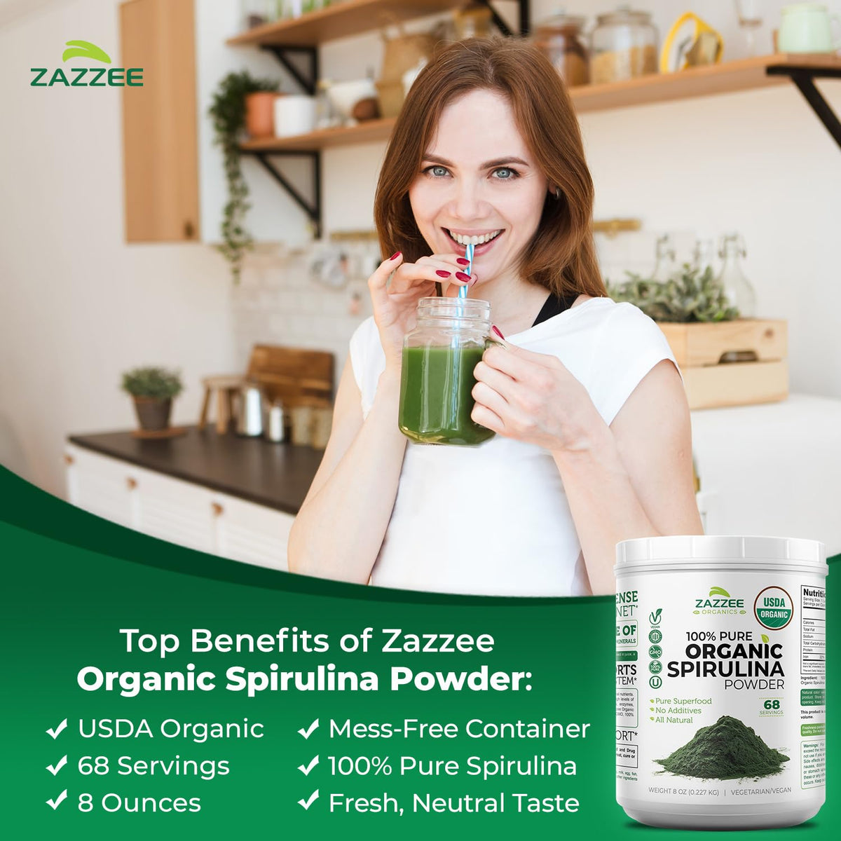 Zazzee USDA Organic Spirulina Powder, 2.2 Pounds (1 KG), 303 Servings, Certified Kosher, 100% Pure, Non-Irradiated, Mess-Free Wide Mouth Container, Fresh Smell and Neutral Taste, Non-GMO, Made in USA - PrimeBioHealth - canada supplements