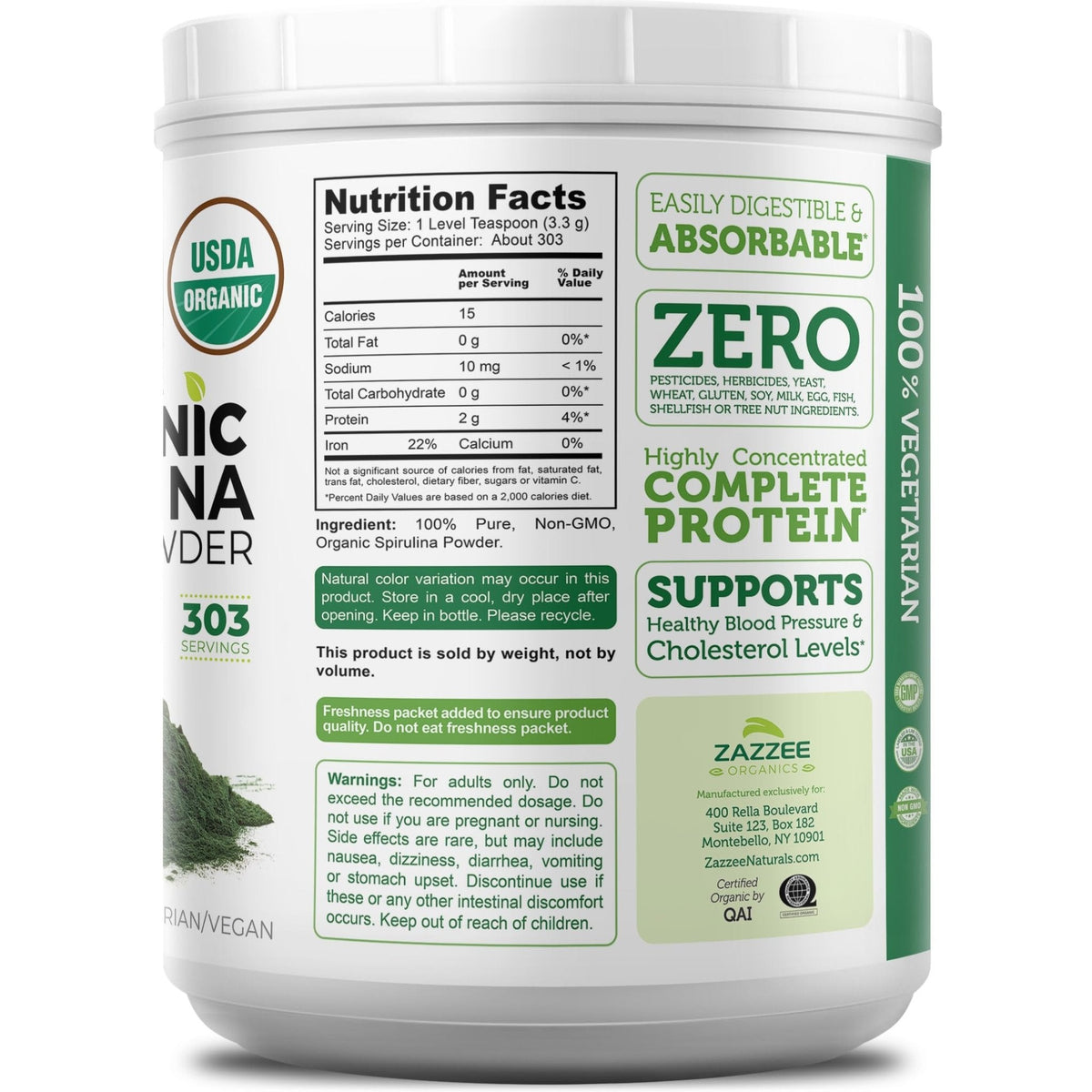 Zazzee USDA Organic Spirulina Powder, 2.2 Pounds (1 KG), 303 Servings, Certified Kosher, 100% Pure, Non-Irradiated, Mess-Free Wide Mouth Container, Fresh Smell and Neutral Taste, Non-GMO, Made in USA - PrimeBioHealth - canada supplements