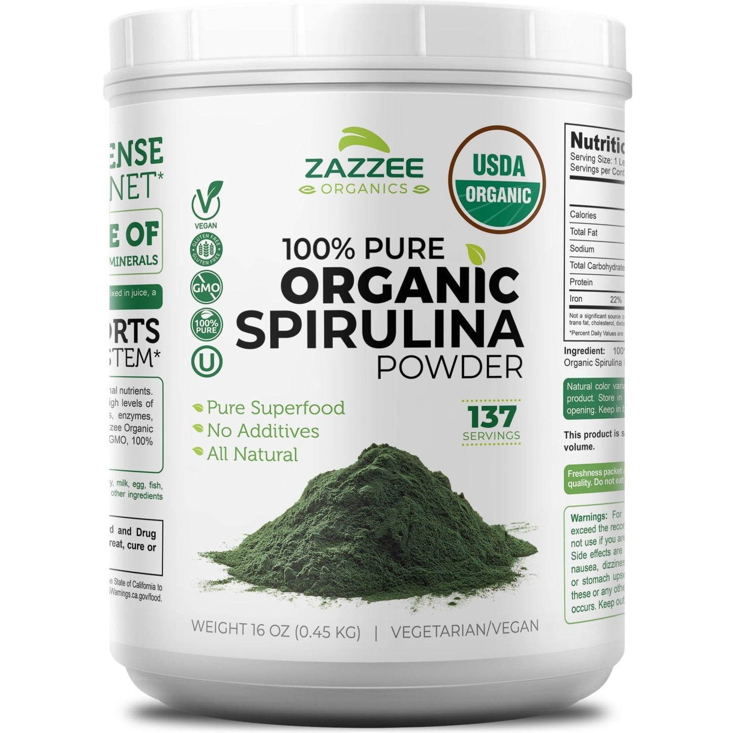 Zazzee USDA Organic Spirulina Powder, 2.2 Pounds (1 KG), 303 Servings, Certified Kosher, 100% Pure, Non-Irradiated, Mess-Free Wide Mouth Container, Fresh Smell and Neutral Taste, Non-GMO, Made in USA - PrimeBioHealth - canada supplements