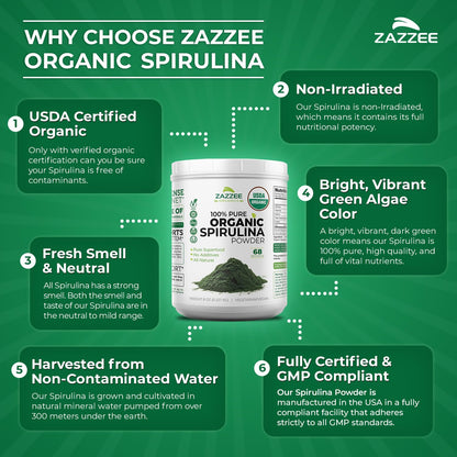 Zazzee USDA Organic Spirulina Powder, 2.2 Pounds (1 KG), 303 Servings, Certified Kosher, 100% Pure, Non-Irradiated, Mess-Free Wide Mouth Container, Fresh Smell and Neutral Taste, Non-GMO, Made in USA - PrimeBioHealth - canada supplements