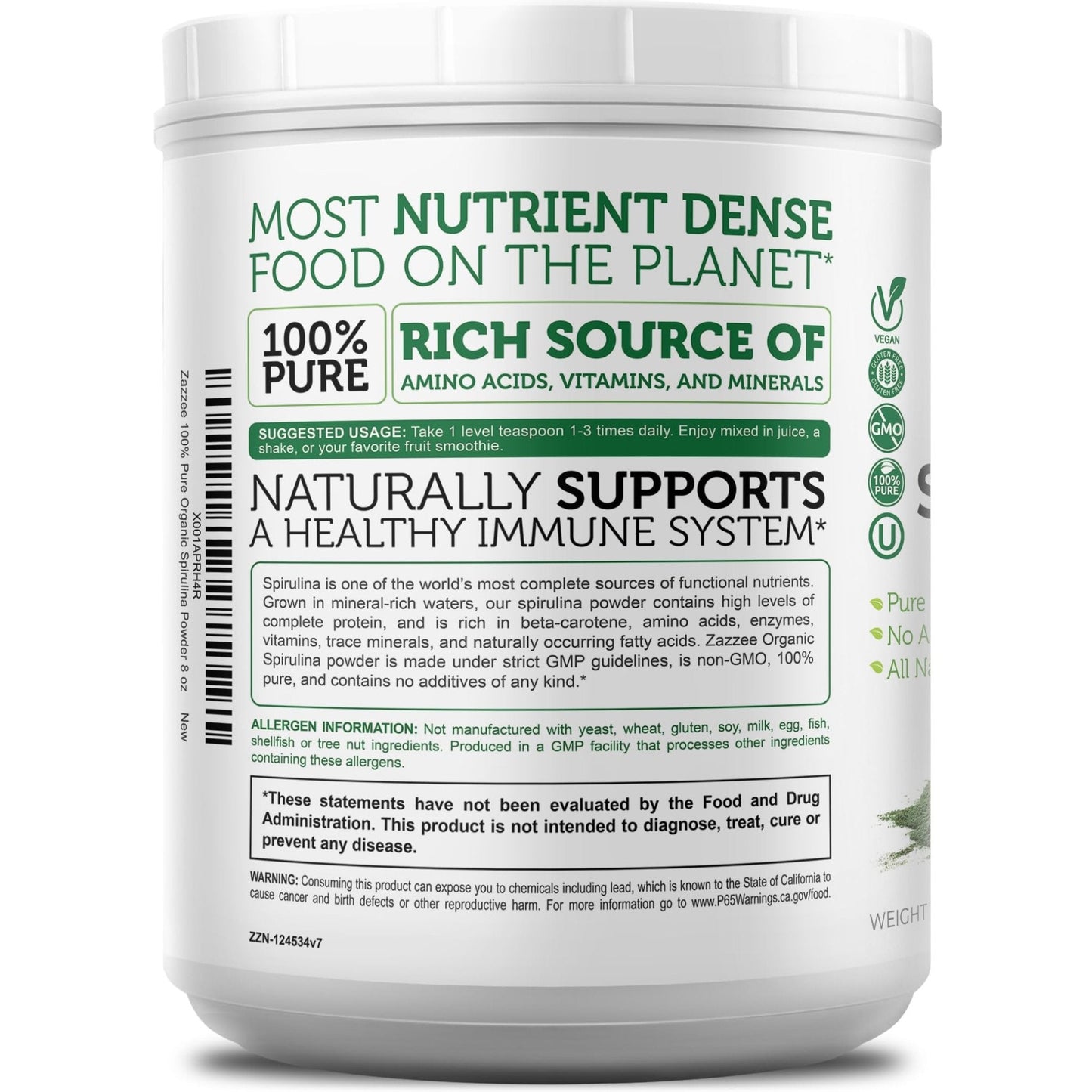Zazzee USDA Organic Spirulina Powder, 2.2 Pounds (1 KG), 303 Servings, Certified Kosher, 100% Pure, Non-Irradiated, Mess-Free Wide Mouth Container, Fresh Smell and Neutral Taste, Non-GMO, Made in USA - PrimeBioHealth - canada supplements