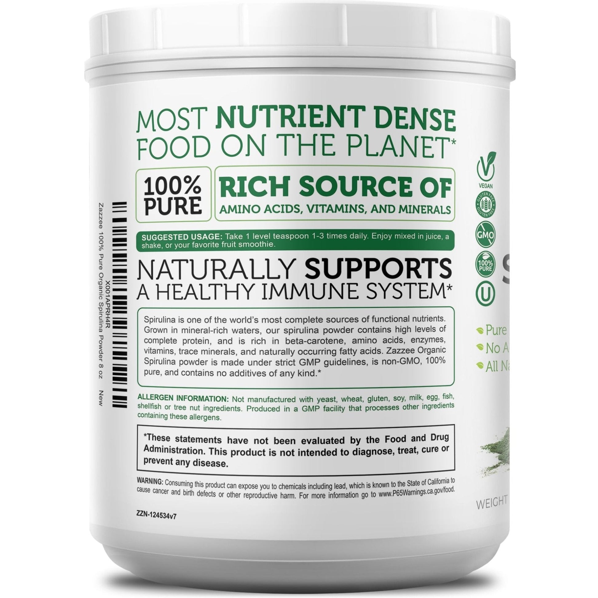 Zazzee USDA Organic Spirulina Powder, 2.2 Pounds (1 KG), 303 Servings, Certified Kosher, 100% Pure, Non-Irradiated, Mess-Free Wide Mouth Container, Fresh Smell and Neutral Taste, Non-GMO, Made in USA - PrimeBioHealth - canada supplements