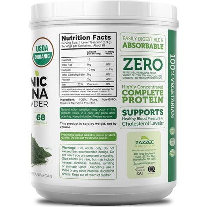Zazzee USDA Organic Spirulina Powder, 2.2 Pounds (1 KG), 303 Servings, Certified Kosher, 100% Pure, Non-Irradiated, Mess-Free Wide Mouth Container, Fresh Smell and Neutral Taste, Non-GMO, Made in USA - PrimeBioHealth - canada supplements