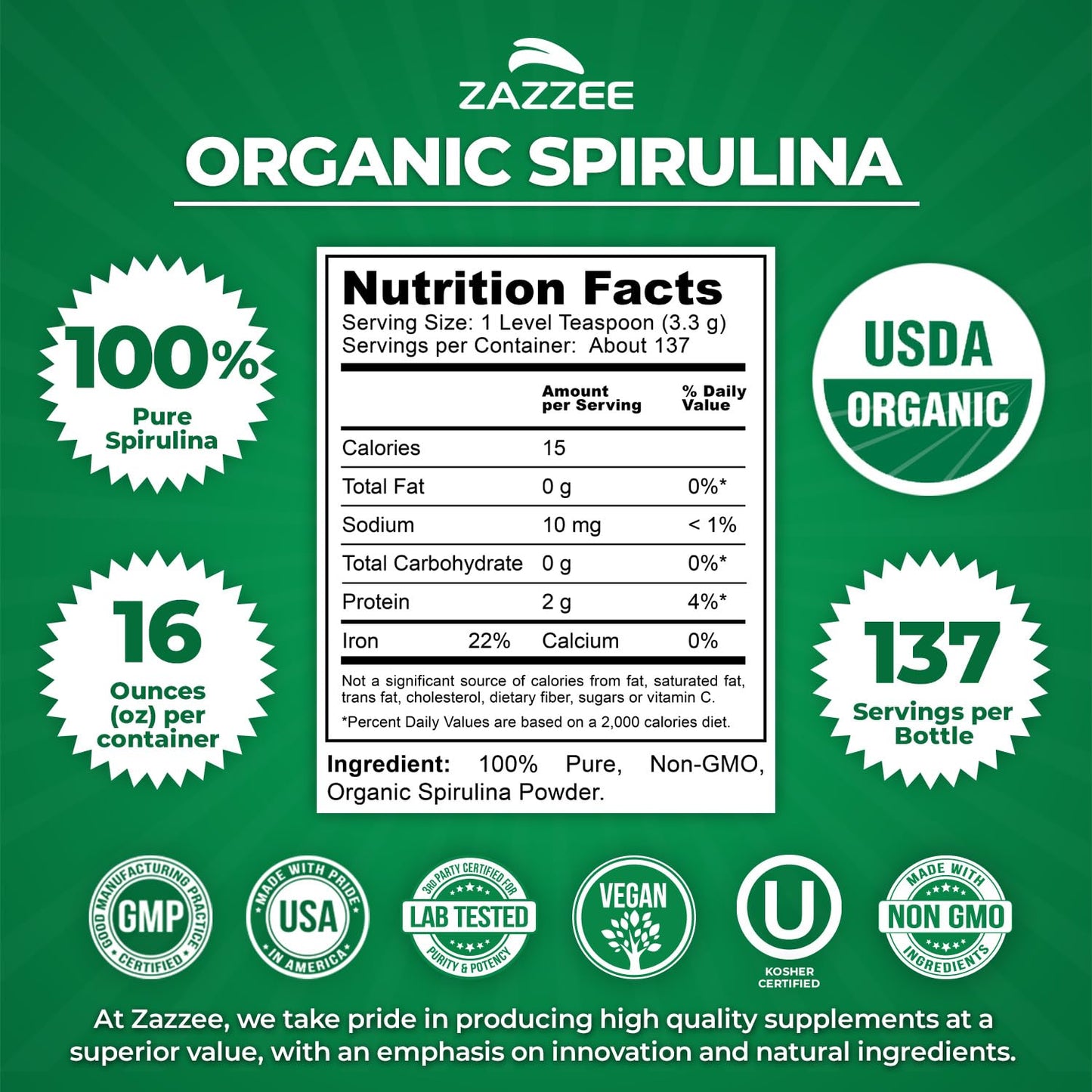 Zazzee USDA Organic Spirulina Powder, 2.2 Pounds (1 KG), 303 Servings, Certified Kosher, 100% Pure, Non-Irradiated, Mess-Free Wide Mouth Container, Fresh Smell and Neutral Taste, Non-GMO, Made in USA - PrimeBioHealth - canada supplements