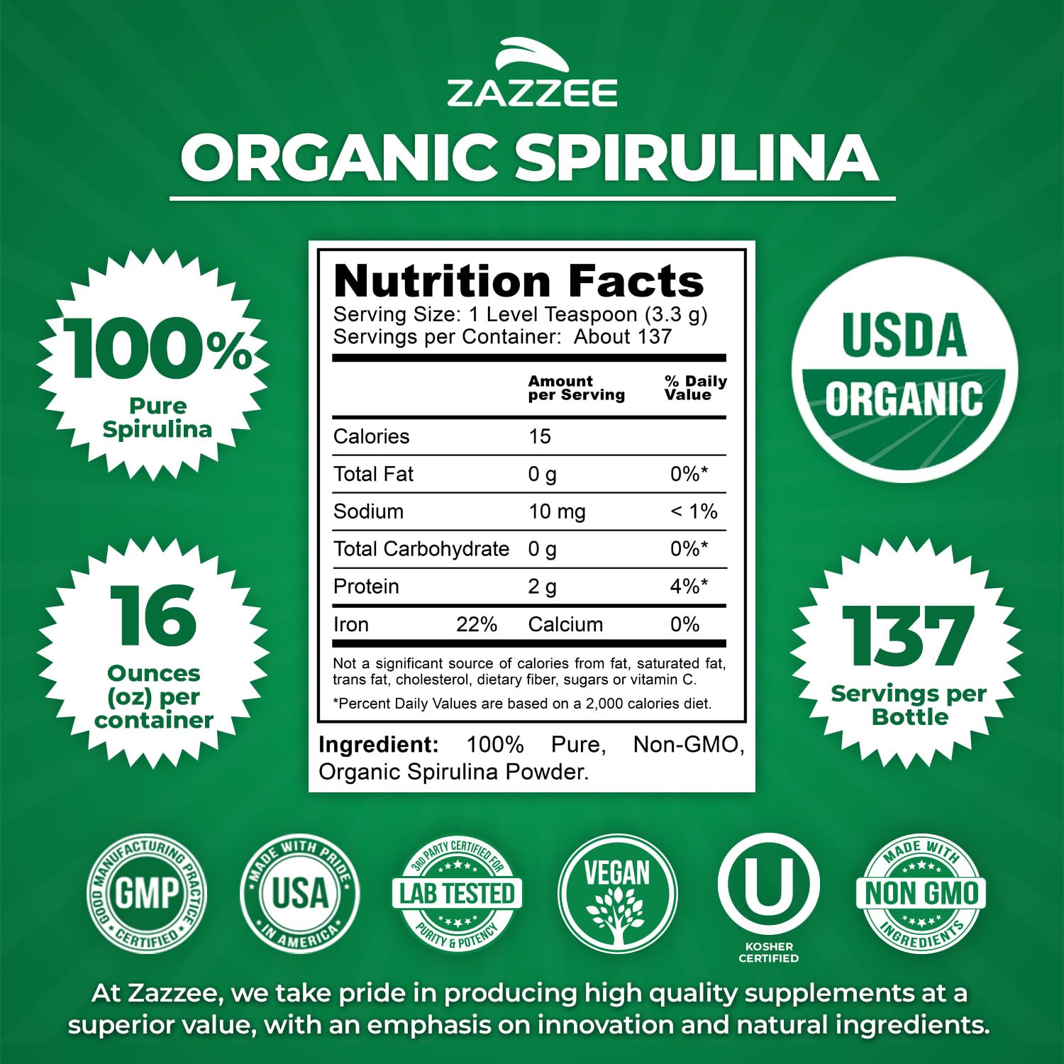 Zazzee USDA Organic Spirulina Powder, 2.2 Pounds (1 KG), 303 Servings, Certified Kosher, 100% Pure, Non-Irradiated, Mess-Free Wide Mouth Container, Fresh Smell and Neutral Taste, Non-GMO, Made in USA - PrimeBioHealth - canada supplements