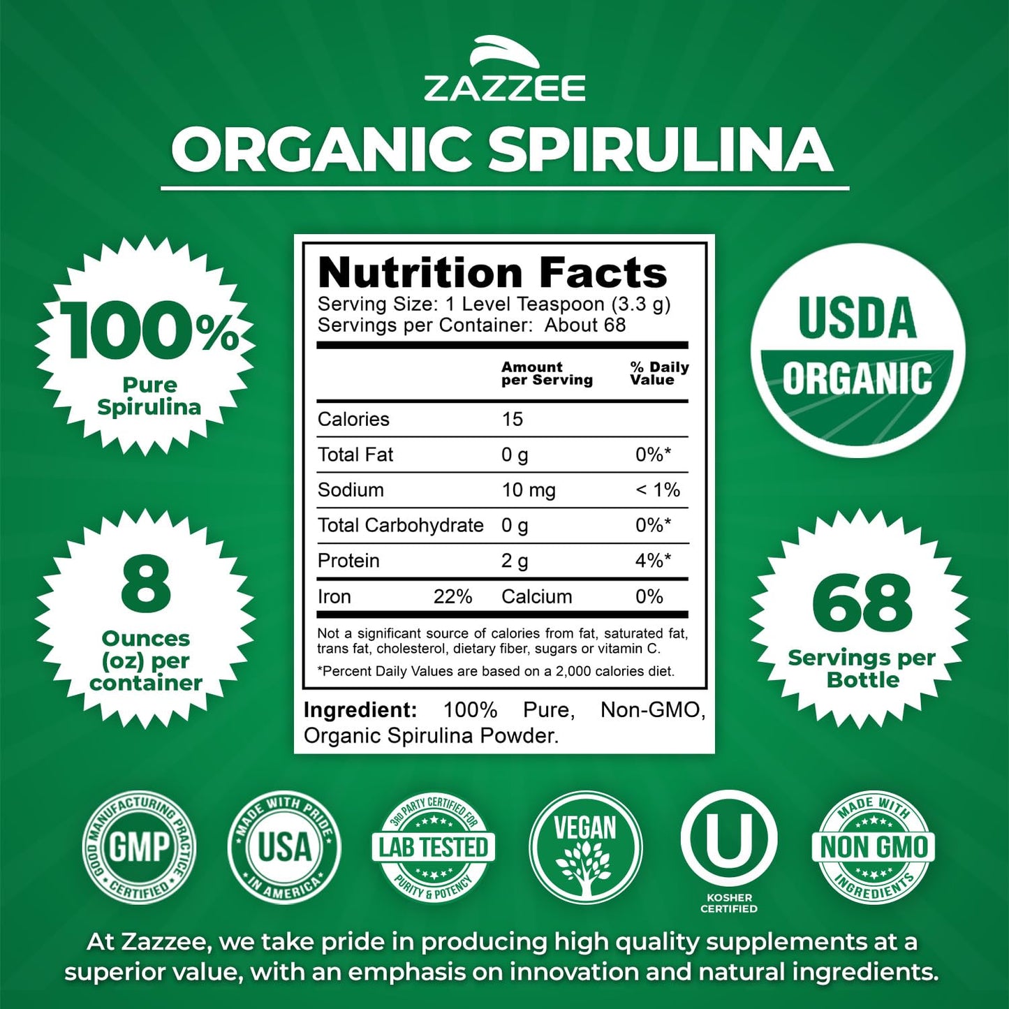 Zazzee USDA Organic Spirulina Powder, 2.2 Pounds (1 KG), 303 Servings, Certified Kosher, 100% Pure, Non-Irradiated, Mess-Free Wide Mouth Container, Fresh Smell and Neutral Taste, Non-GMO, Made in USA - PrimeBioHealth - canada supplements