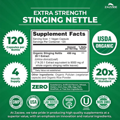 Zazzee USDA Organic Stinging Nettle Leaf 20:1 Extract, 120 Vegan Capsules, 4 Month Supply, Urtica Dioica, Respiratory, Immune & Seasonal Wellness Support, Organic Herbal Supplement, Made in the USA - PrimeBioHealth - canada supplements
